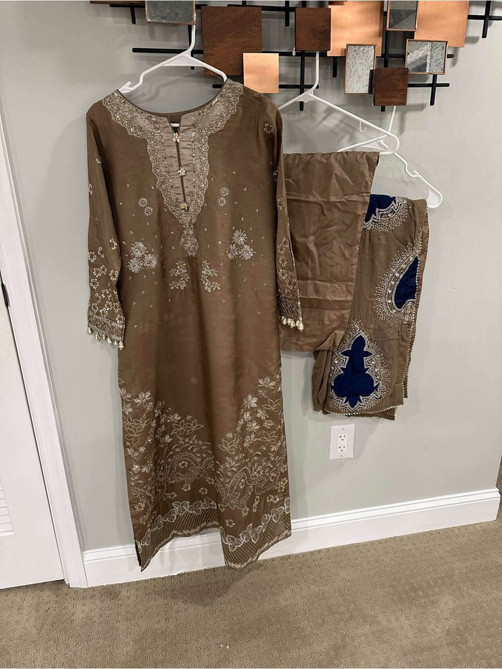 Nureh Embroidered Brown korean silk Salwar Kameez Set with Navy Accents